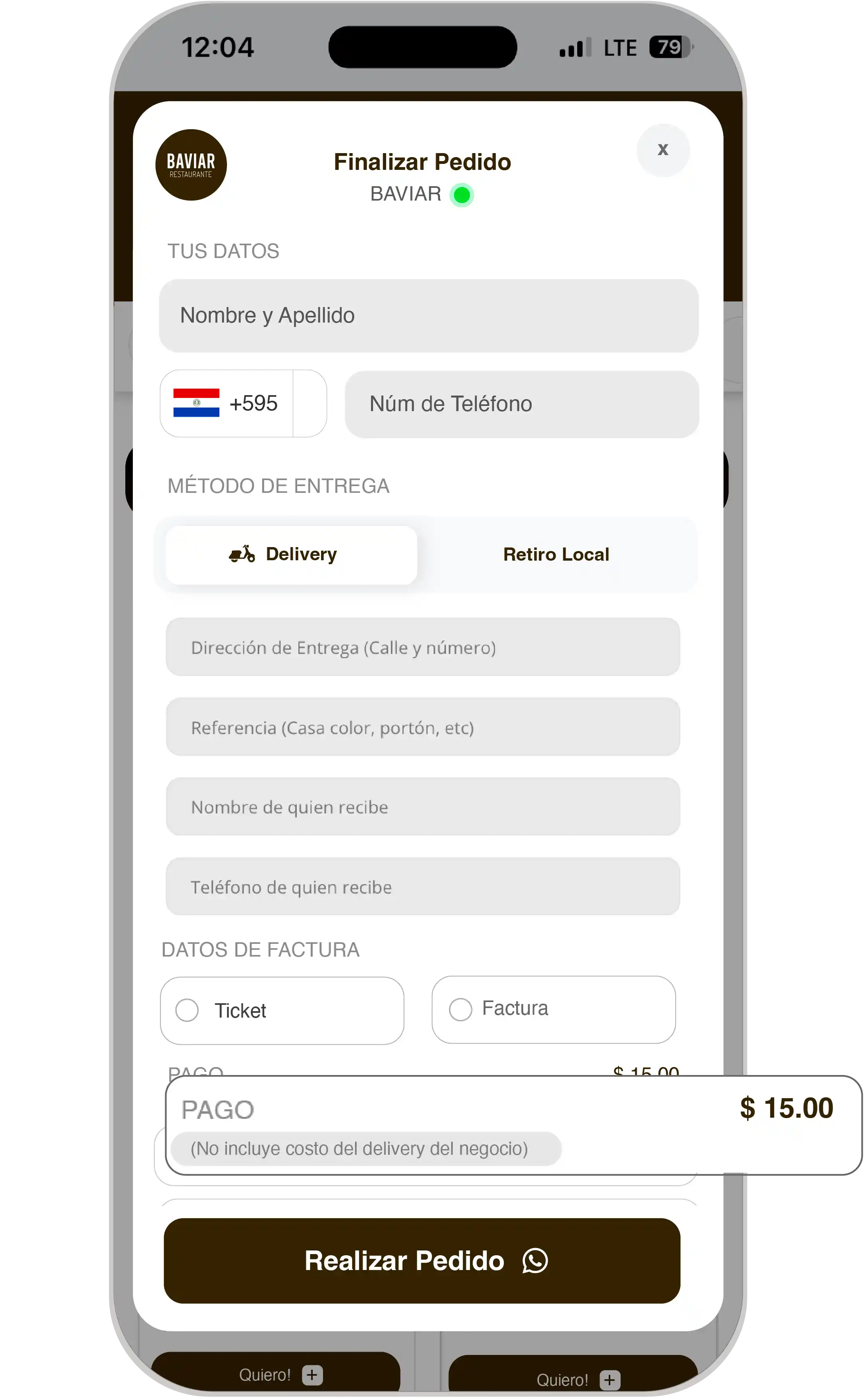Pantalla de celular mostrando opción de no mostrar costo de delivery